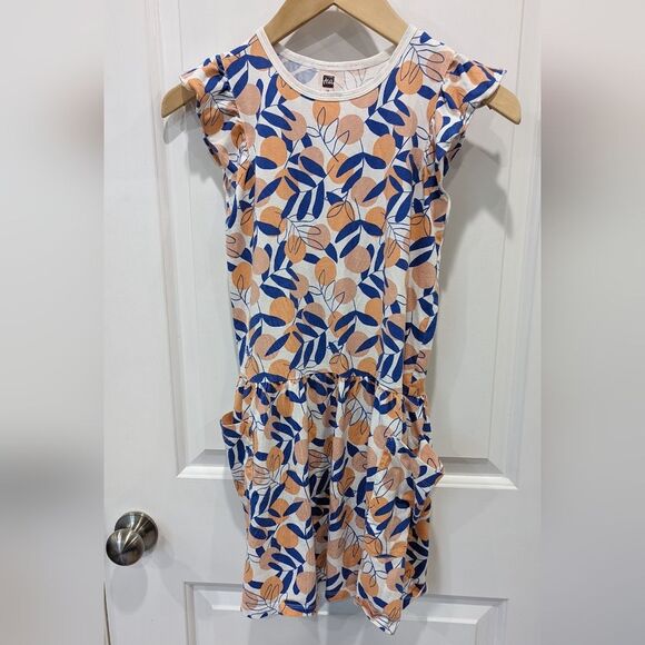 Tea Collection Orange Peach Fruit Blue Sun Dress Cotton Summer Girls Size 12 - Picture 3 of 7